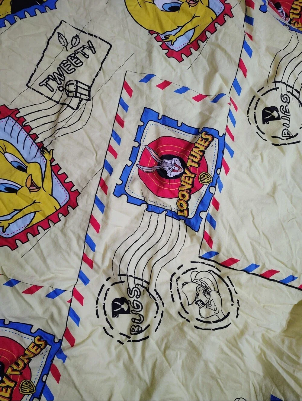 Vtg 90s Looney Tunes Twin Comforter Airmail Postage Stamp Bugs Tweety Daffy